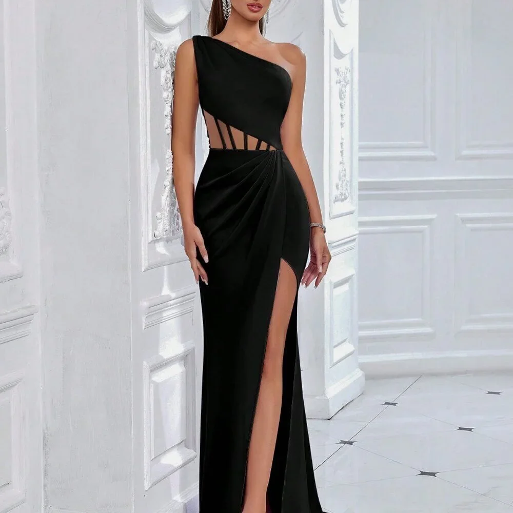 Black Elegant Women's One Shoulder Waist Hollow Out Front Slit Party Dress - Picture 6 of 7